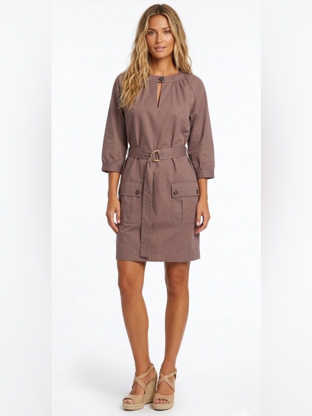 ESCADA Sport Short Brown Cotton belted Dress w pockets & balloon sleeve Size 38